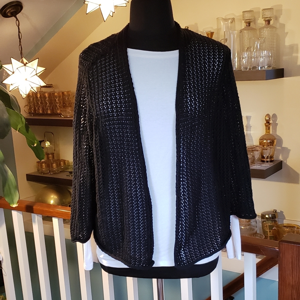 Jones New York Sport Womens Black Crochet Lightweight Open Cardigan